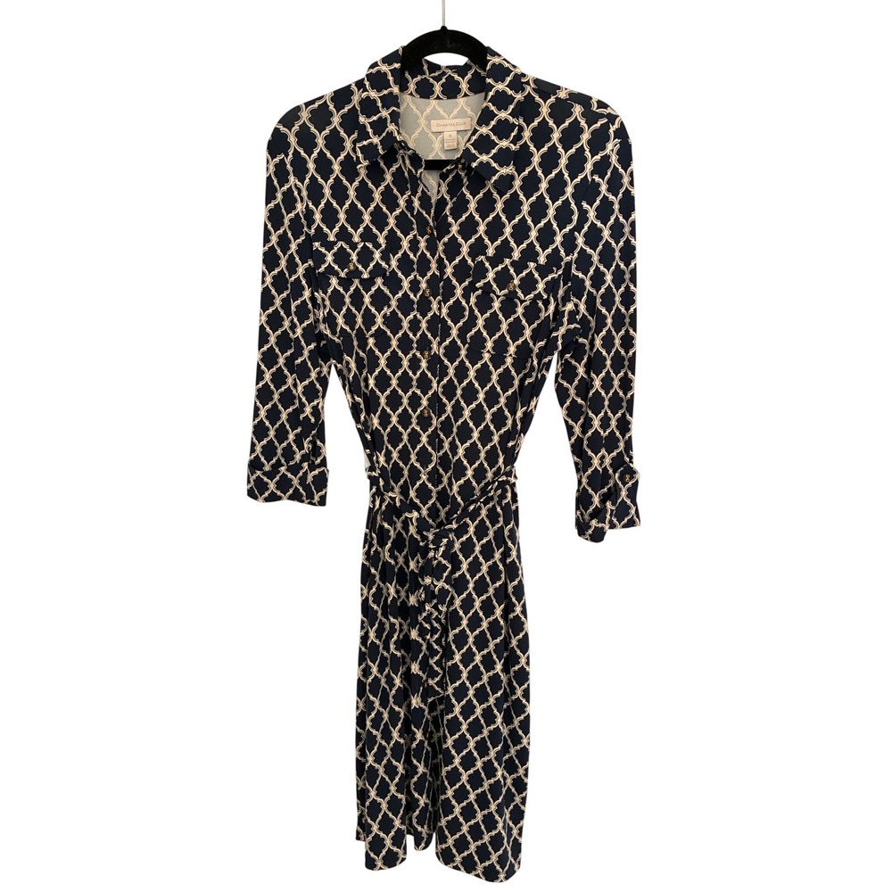 Charter Club Navy Blue Trellis Print Shirt Dress 3/4 Sleeve Belted Size M